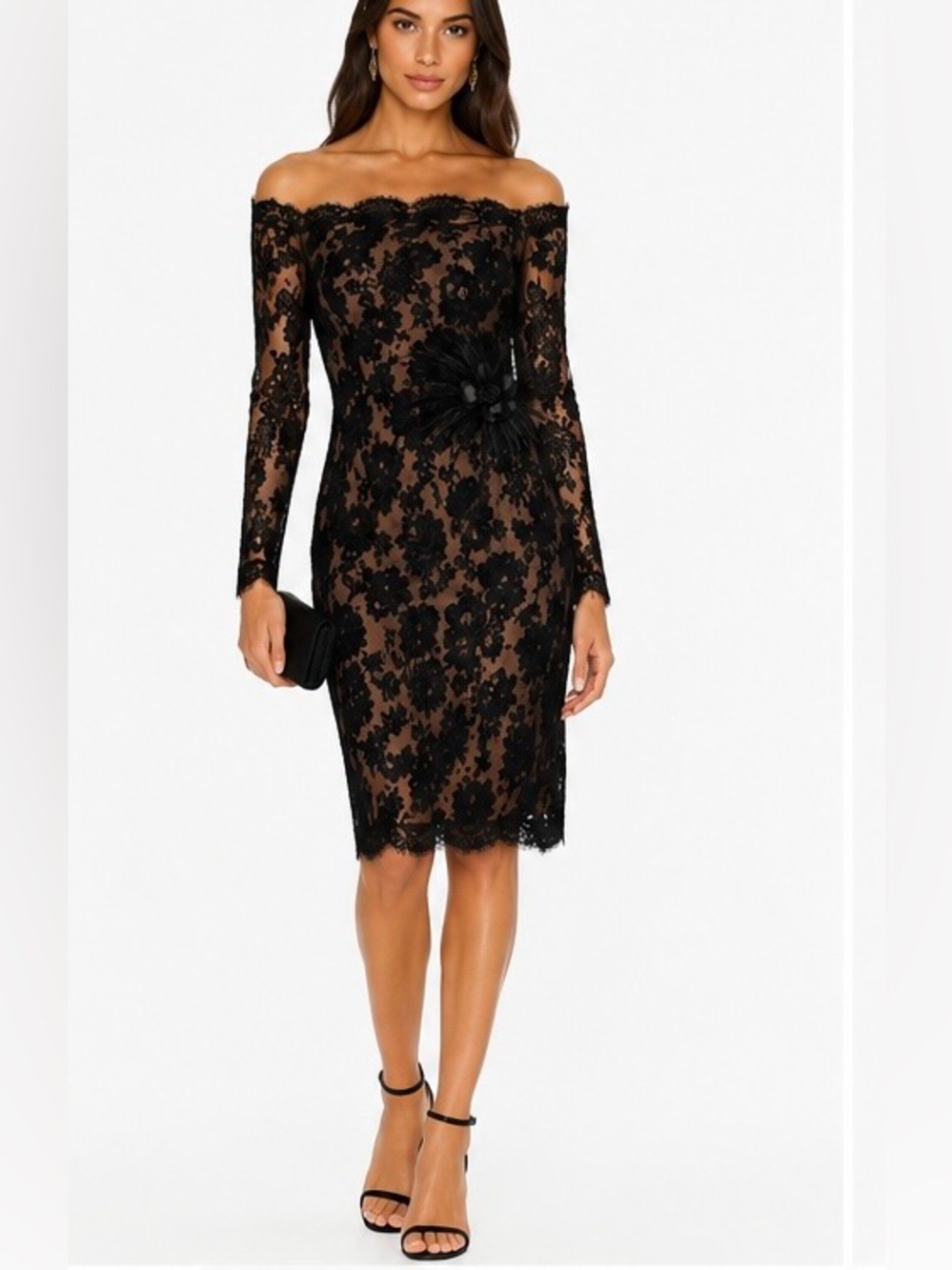 Off-Shoulder Black Long-Sleeve Lace Cocktail Dress